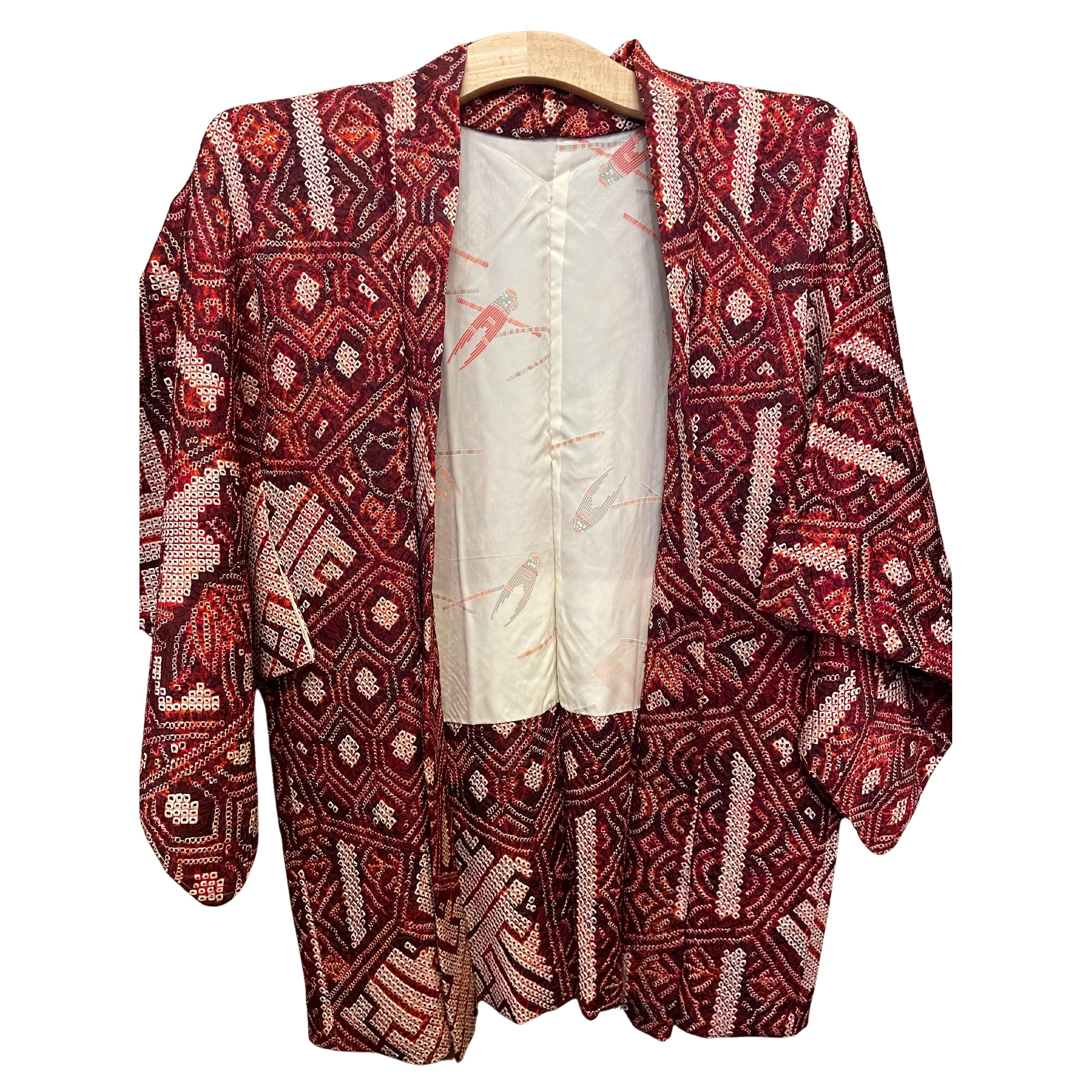 Japanese Silk Haori Jacket Shibori Red 1980s Showa For Sale