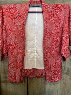 Japanese Silk Haori Jacket Shibori Red 2000s Heisei