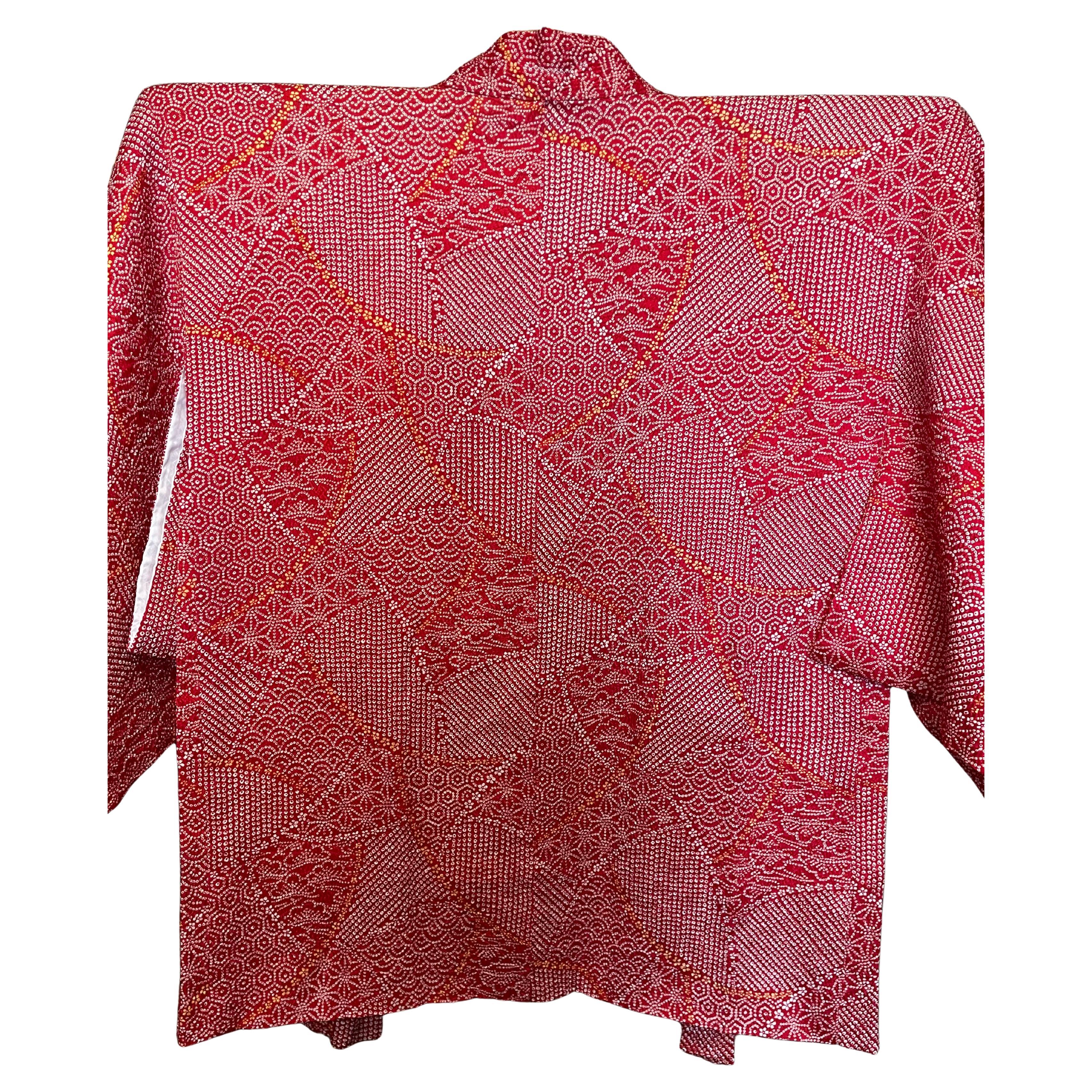 Japanese Silk Haori Jacket Shibori Red 2000s Heisei