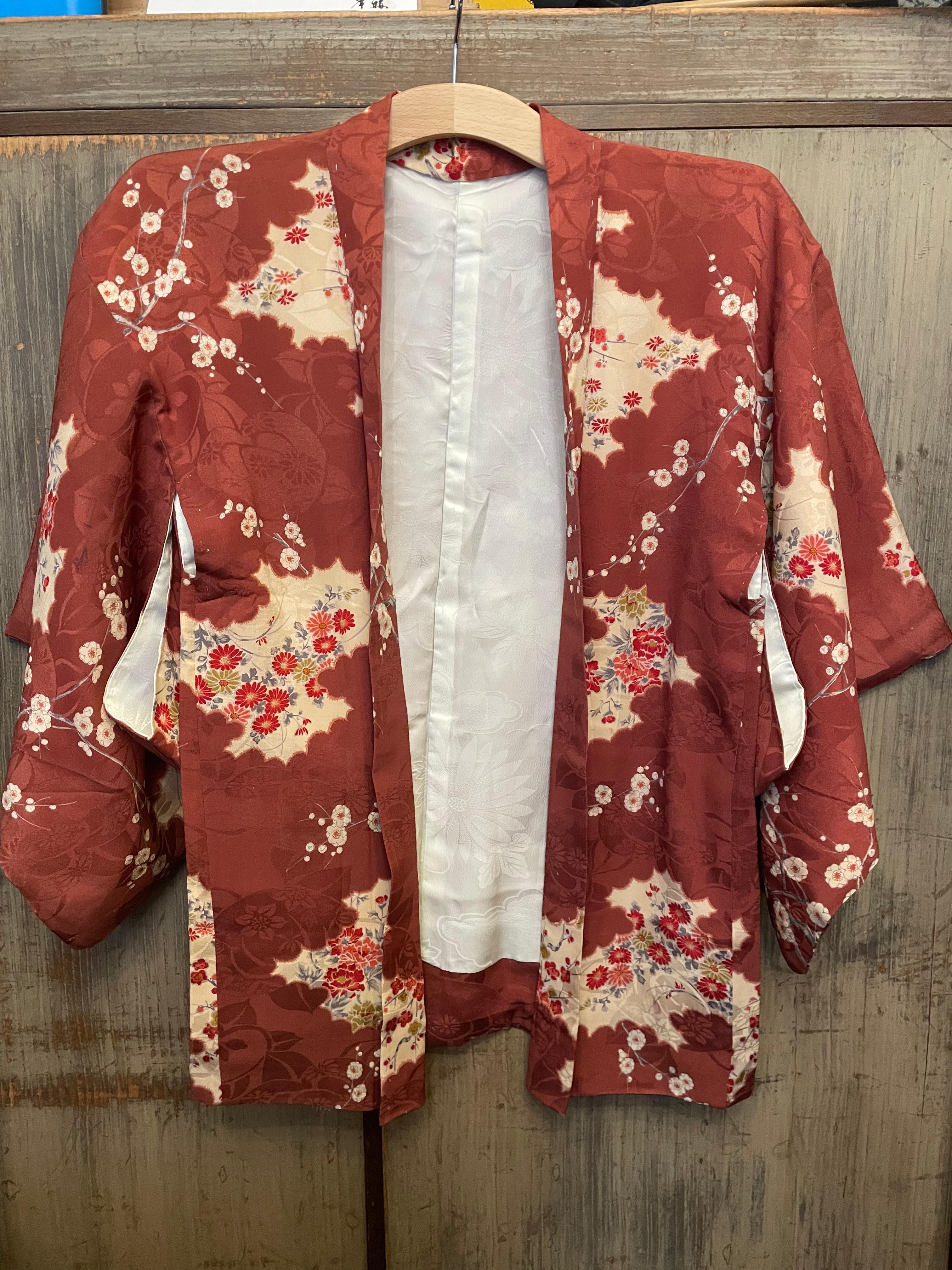 Showa Japanese Silk Haori Jacket UME Dark Red 1980s  For Sale