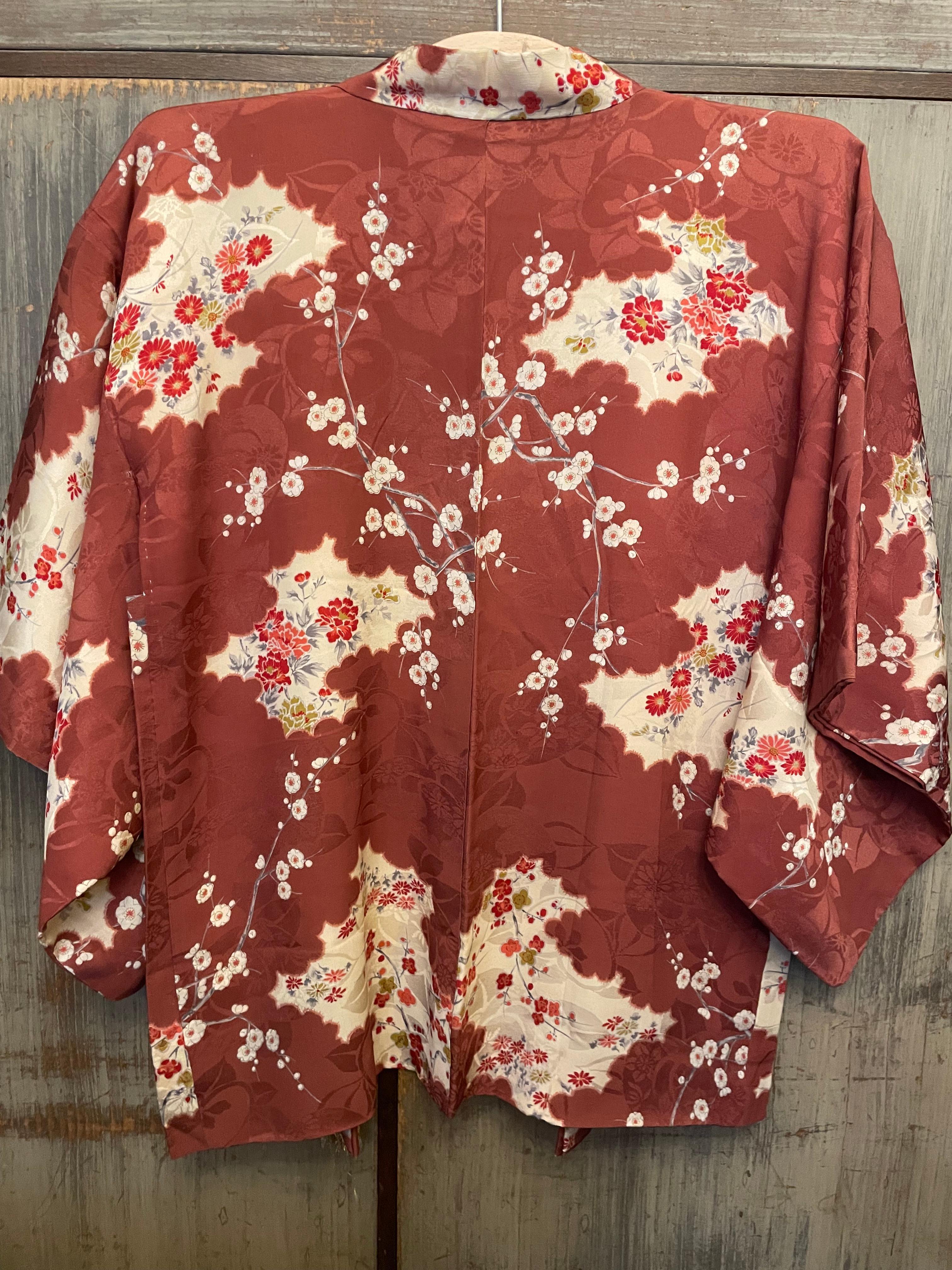 Japanese Silk Haori Jacket UME Dark Red 1980s  1