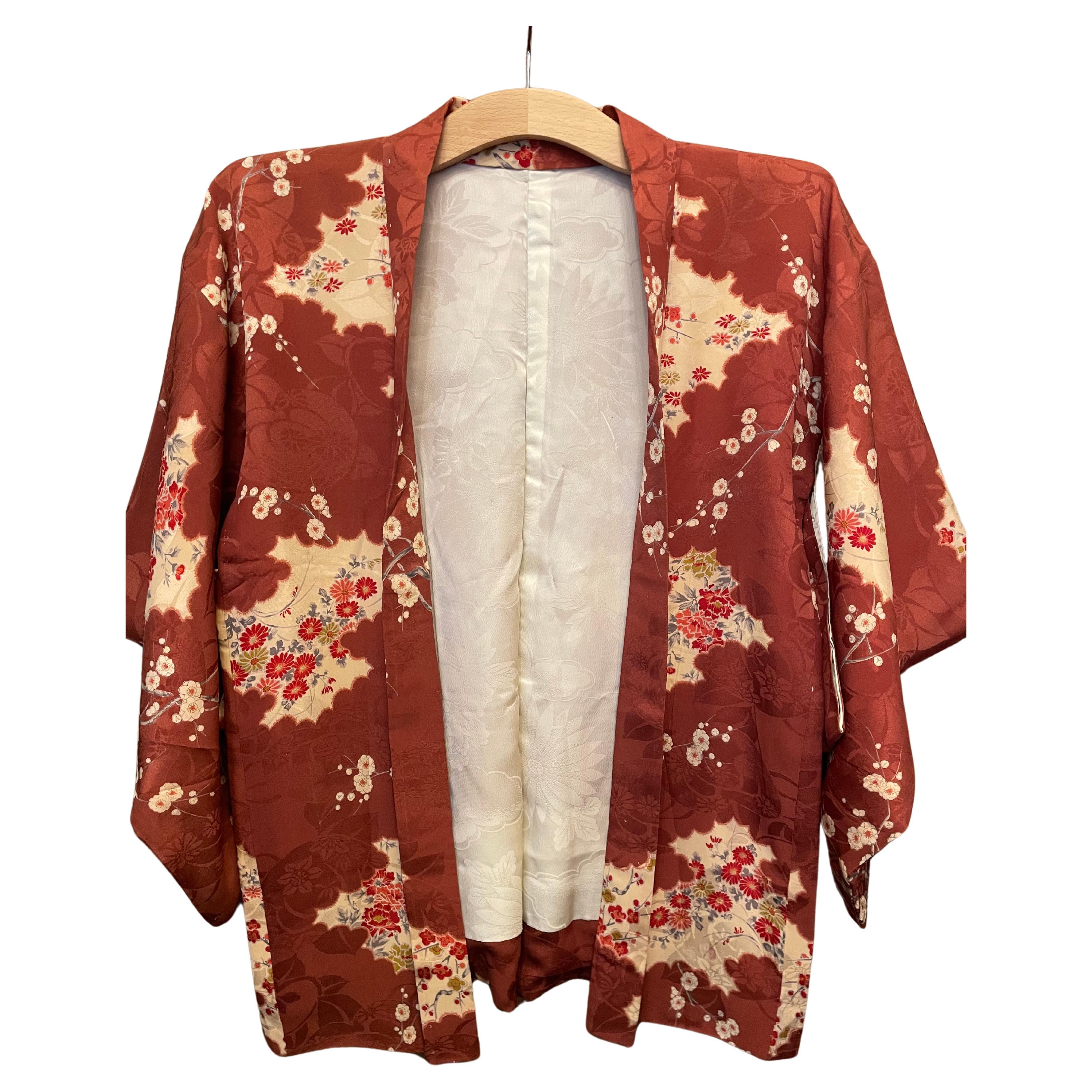 Japanese Silk Haori Jacket UME Dark Red 1980s  For Sale