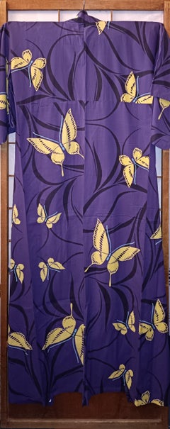 Japanese purple yukata with yellow butterfly pattern 1970s