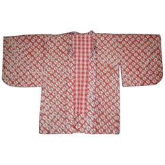 Japanese Silk Haori Showa Period Jacket Cinnabar Red and Grey Shibori Dyed