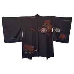 Japanese silk jacket HAORI black with flower and lion pattern