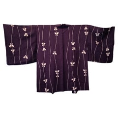 Japanese silk jacket HAORI dark purple with white butterfly pattern