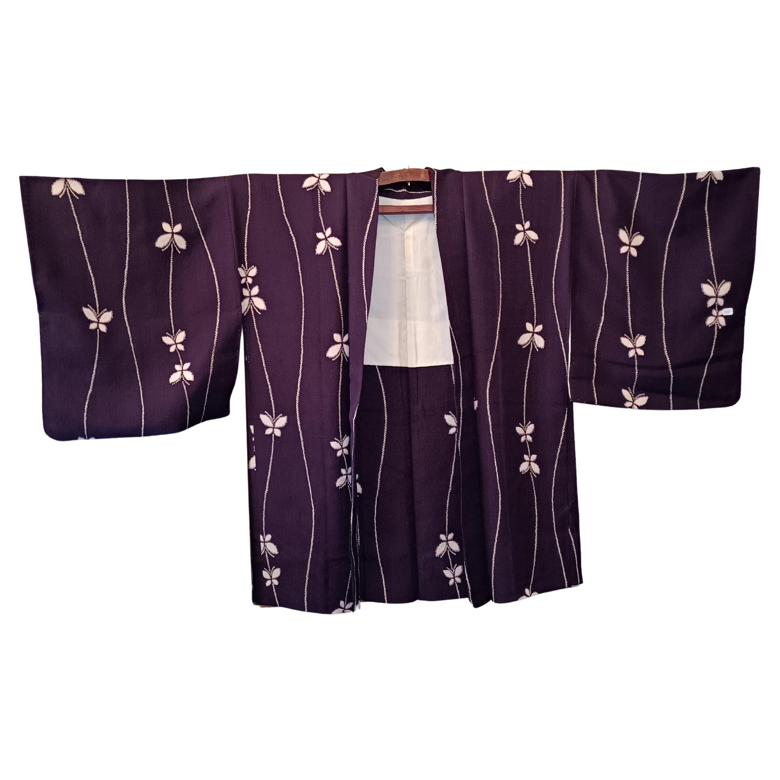 Japanese silk jacket HAORI dark purple with white butterfly pattern