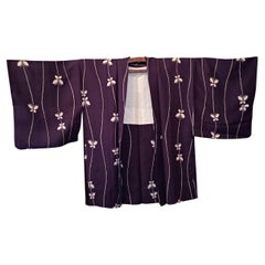 Japanese silk jacket HAORI dark purple with white butterfly pattern