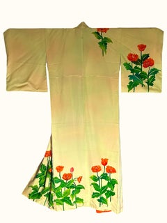Japanese Silk Kimono in Soga-iro Yellow with Red Poppies, 20th Century