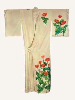 Japanese Silk Kimono in Soga-iro Yellow with Red Poppies, 20th Century
