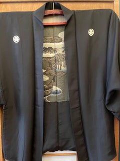 Japanese Silk Men's Haori Jacket Landscape Reversible 1920s Taisho era