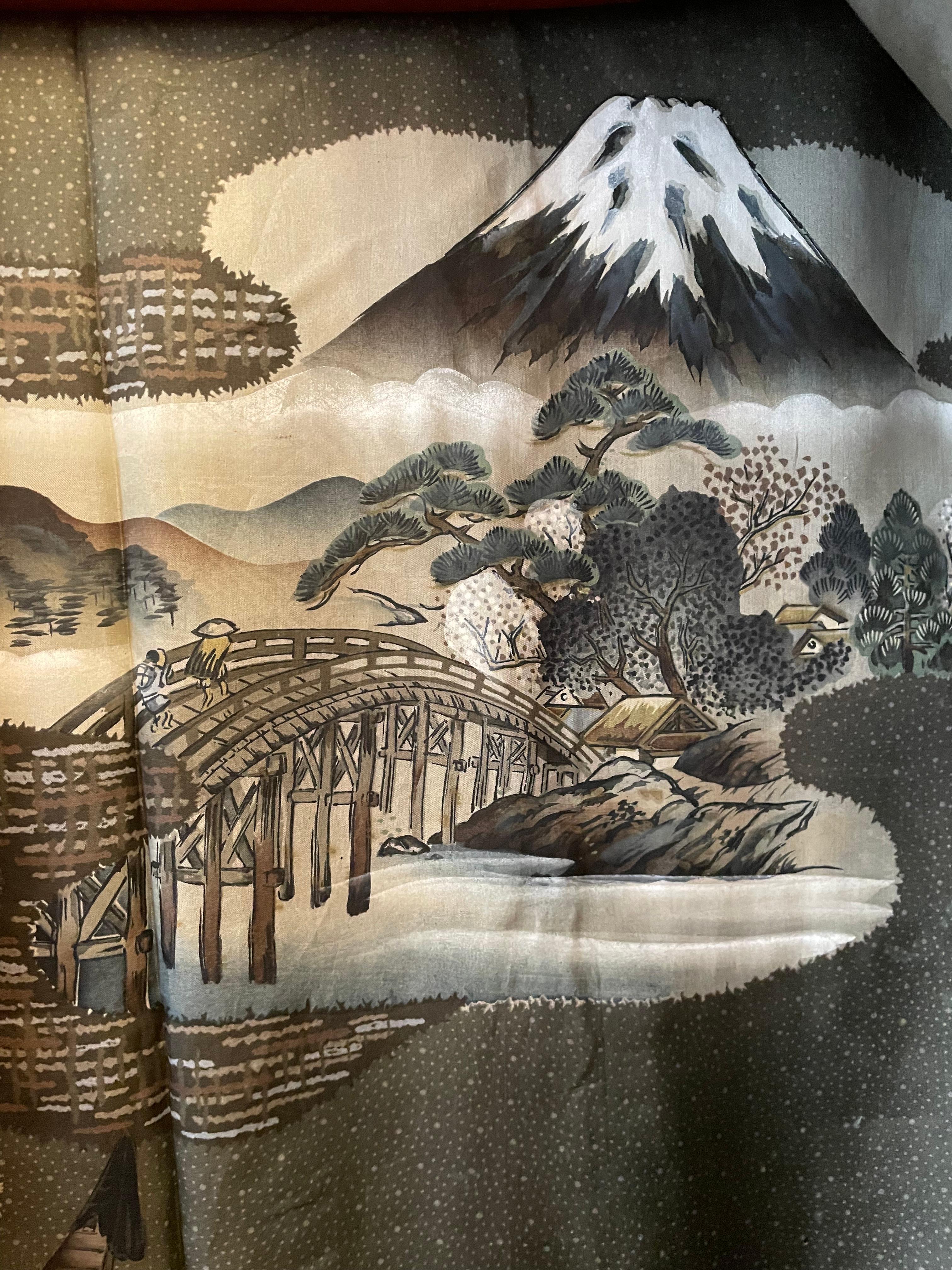 Japanese Silk Men's Haori Jacket Landscape Reversible 1920s Taisho era For Sale 2
