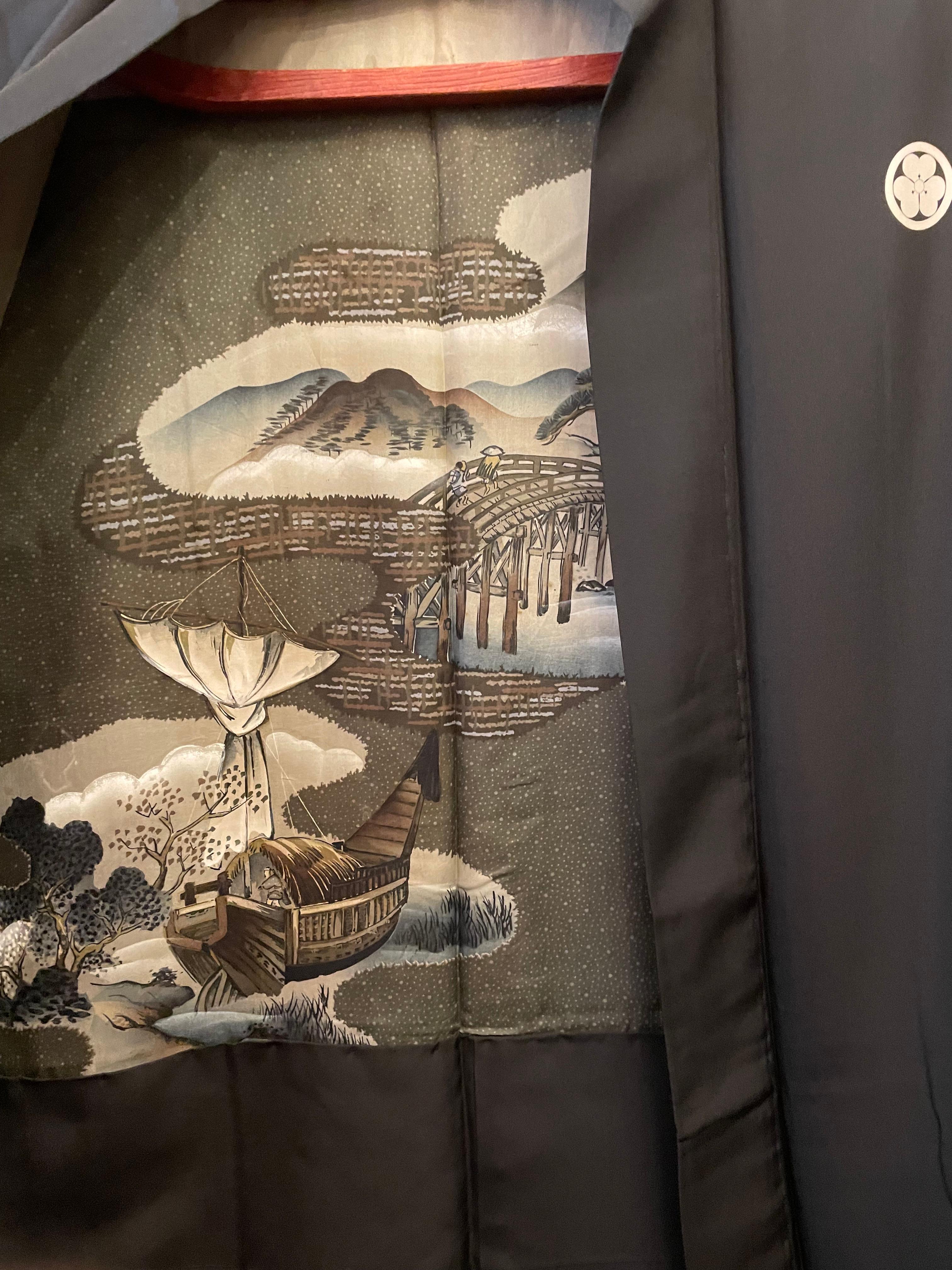 Japanese Silk Men's Haori Jacket Landscape Reversible 1920s Taisho era For Sale 3