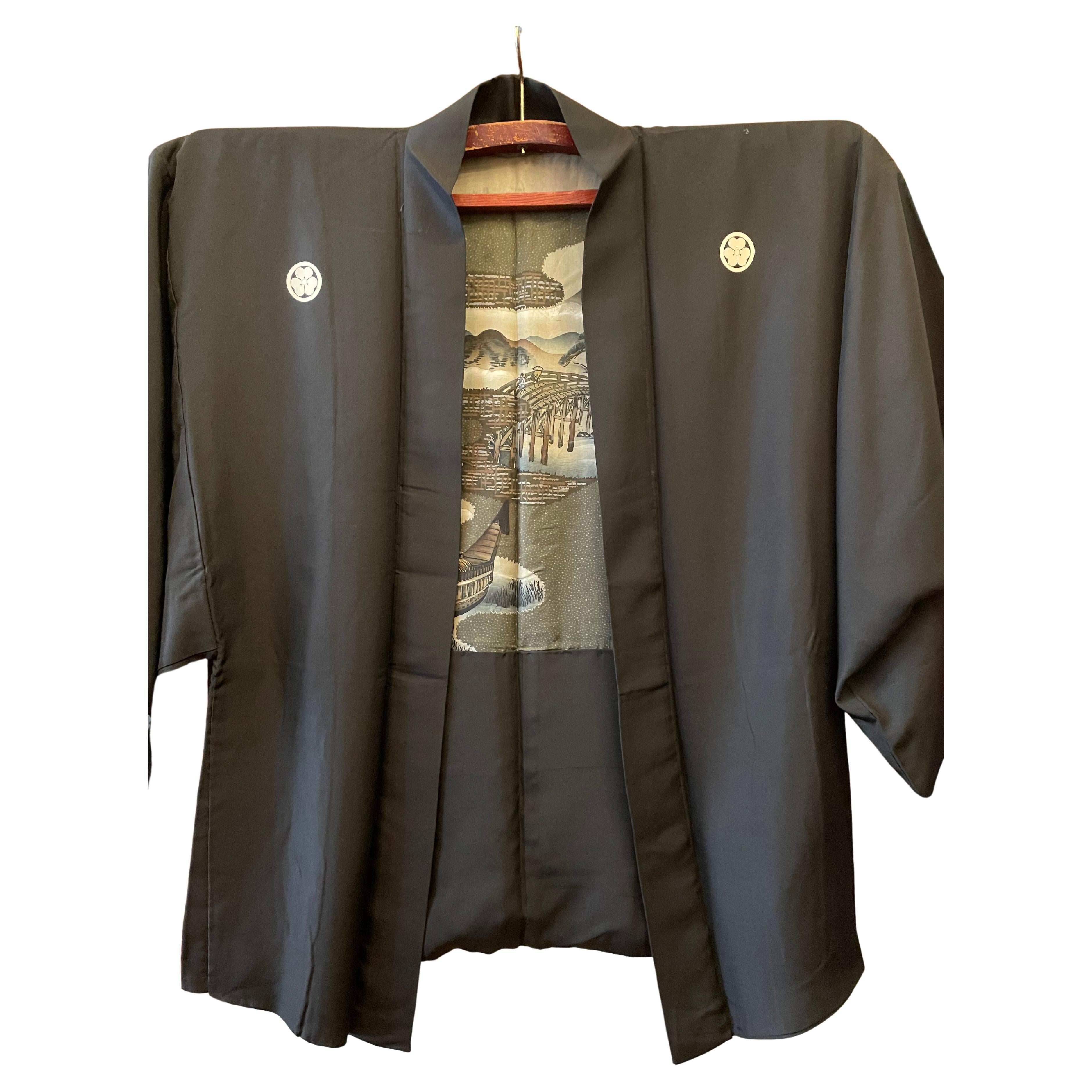 Japanese Silk Men's Haori Jacket Landscape Reversible 1920s Taisho era For Sale