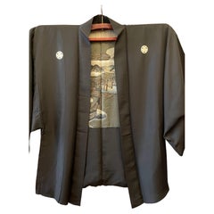 Giacca Haori giapponese in seta da uomo, paesaggio reversibile anni '20, epoca Taisho