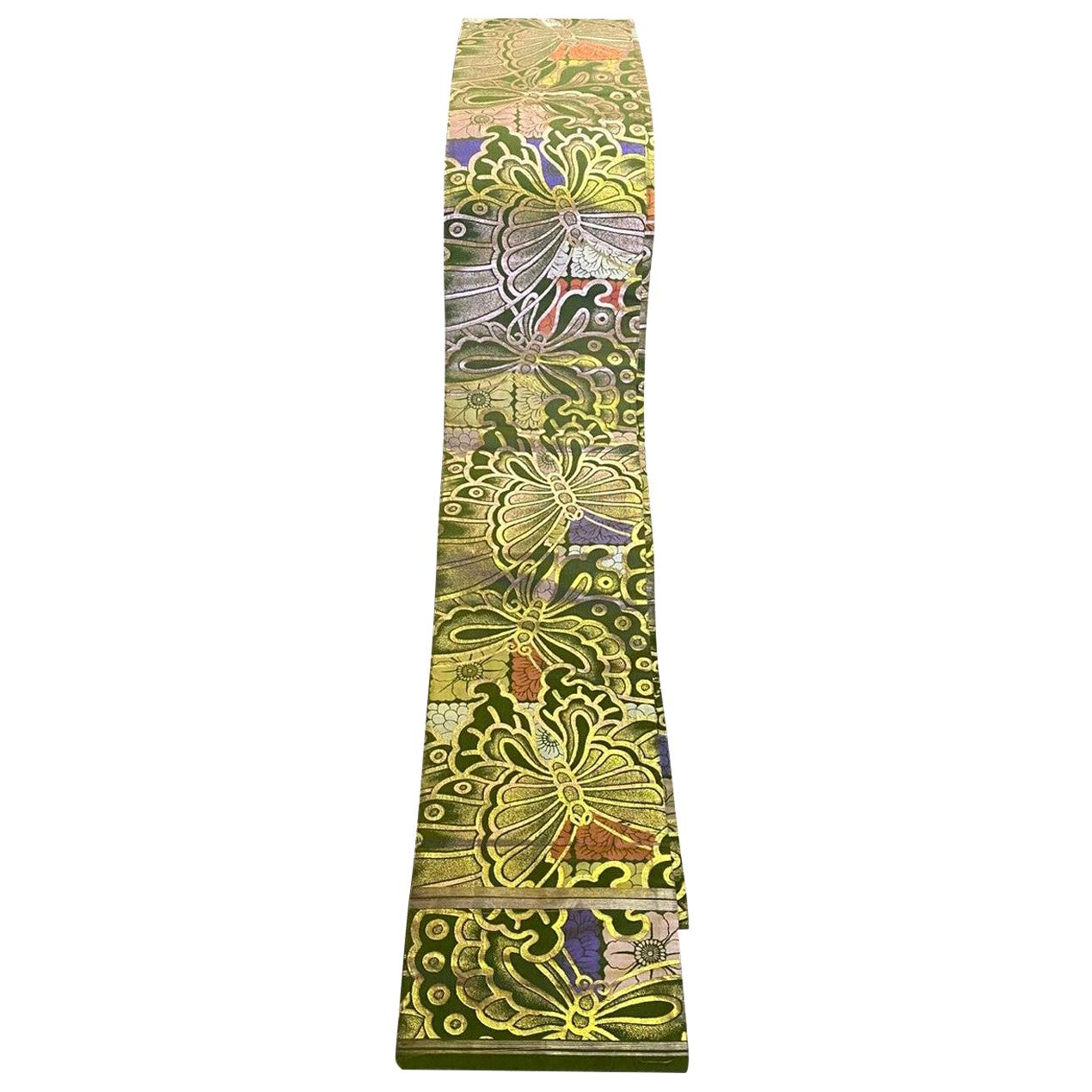 Japanese Silk Obi Sash Belt with Colorful Butterfly Nature Motif, Mid-1900s