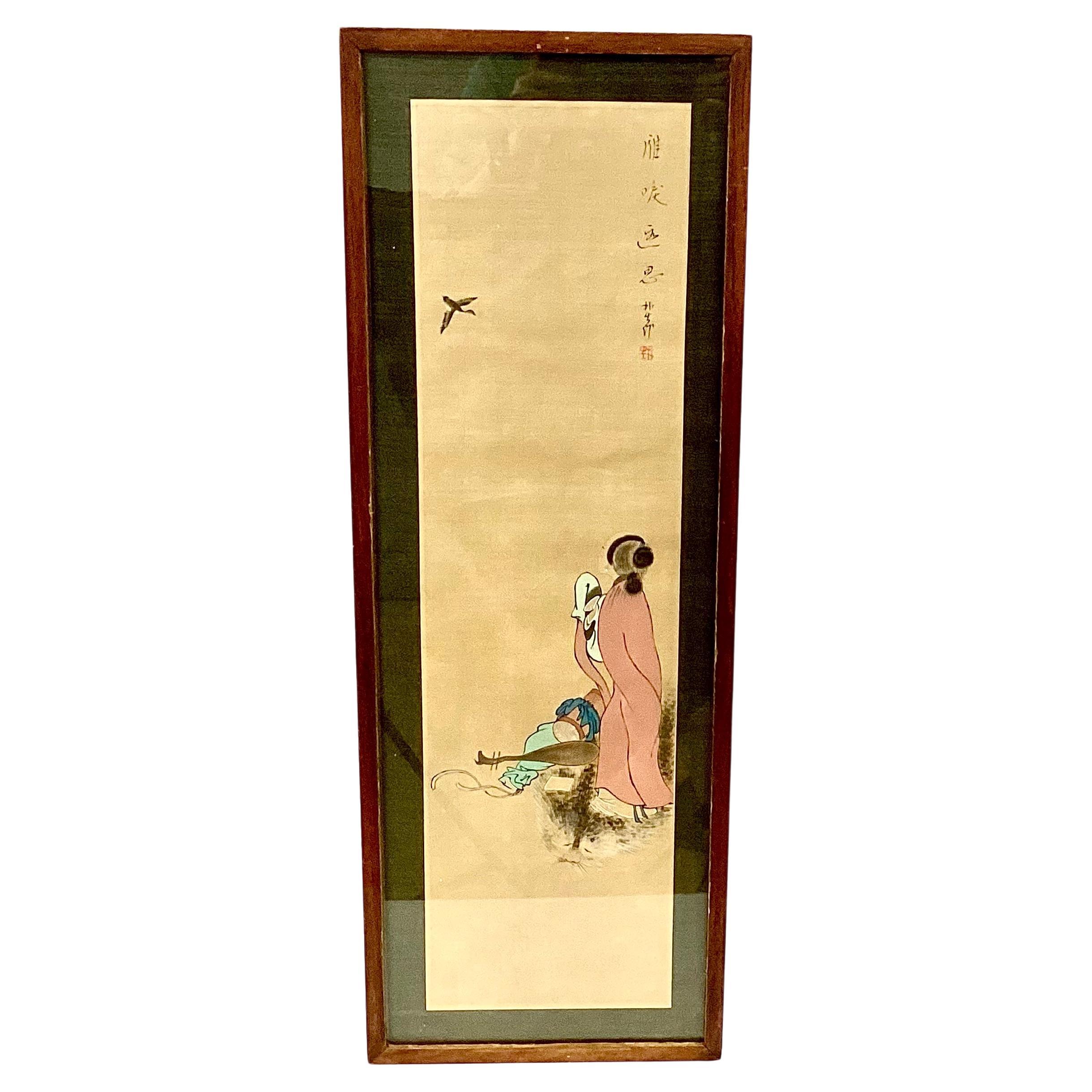 Japanese Silk Painting of Young Girl, Framed For Sale 1