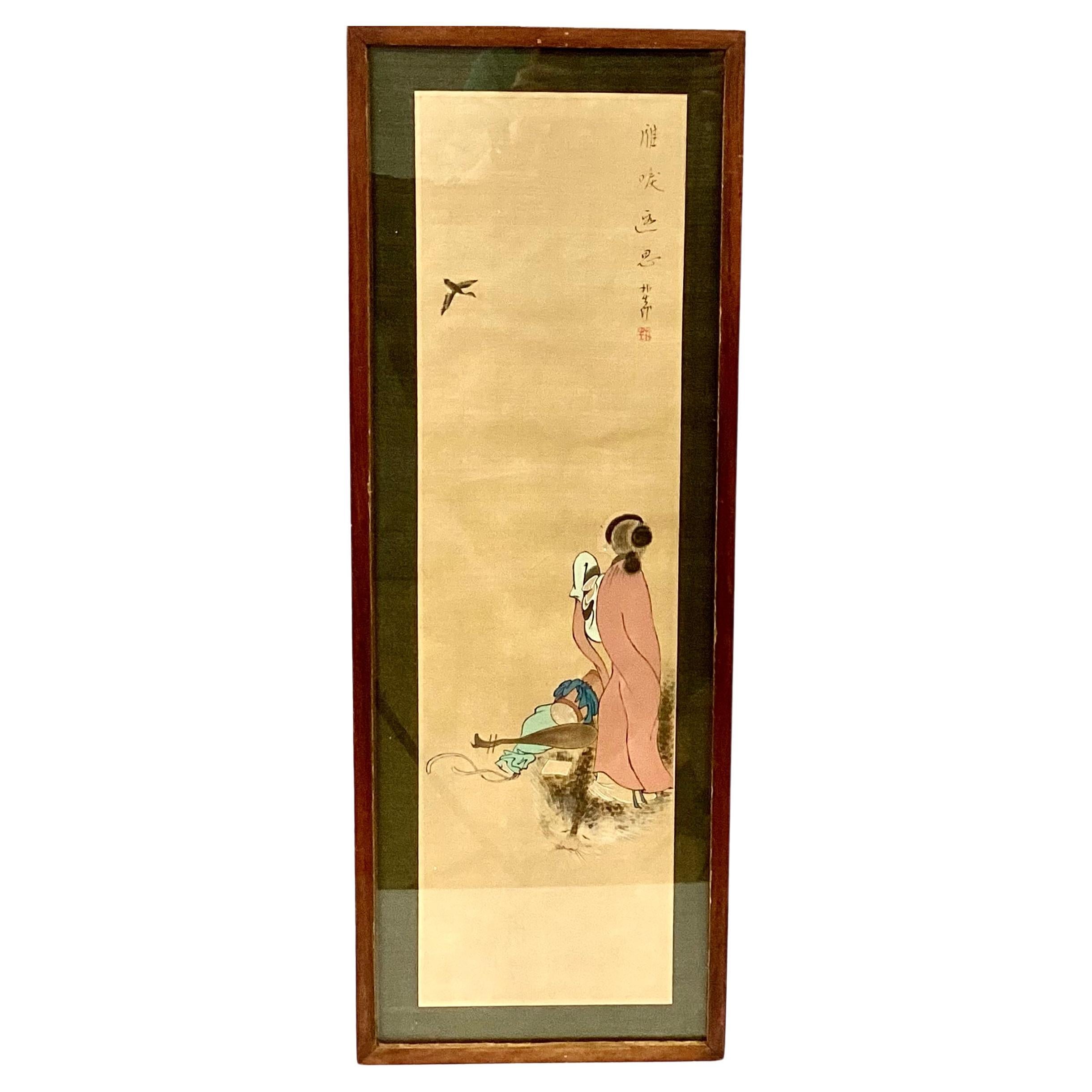 Quadro di seta giapponese con giovane ragazza, incorniciato