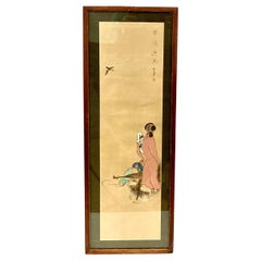 Pintura japonesa en seda de una joven, enmarcada