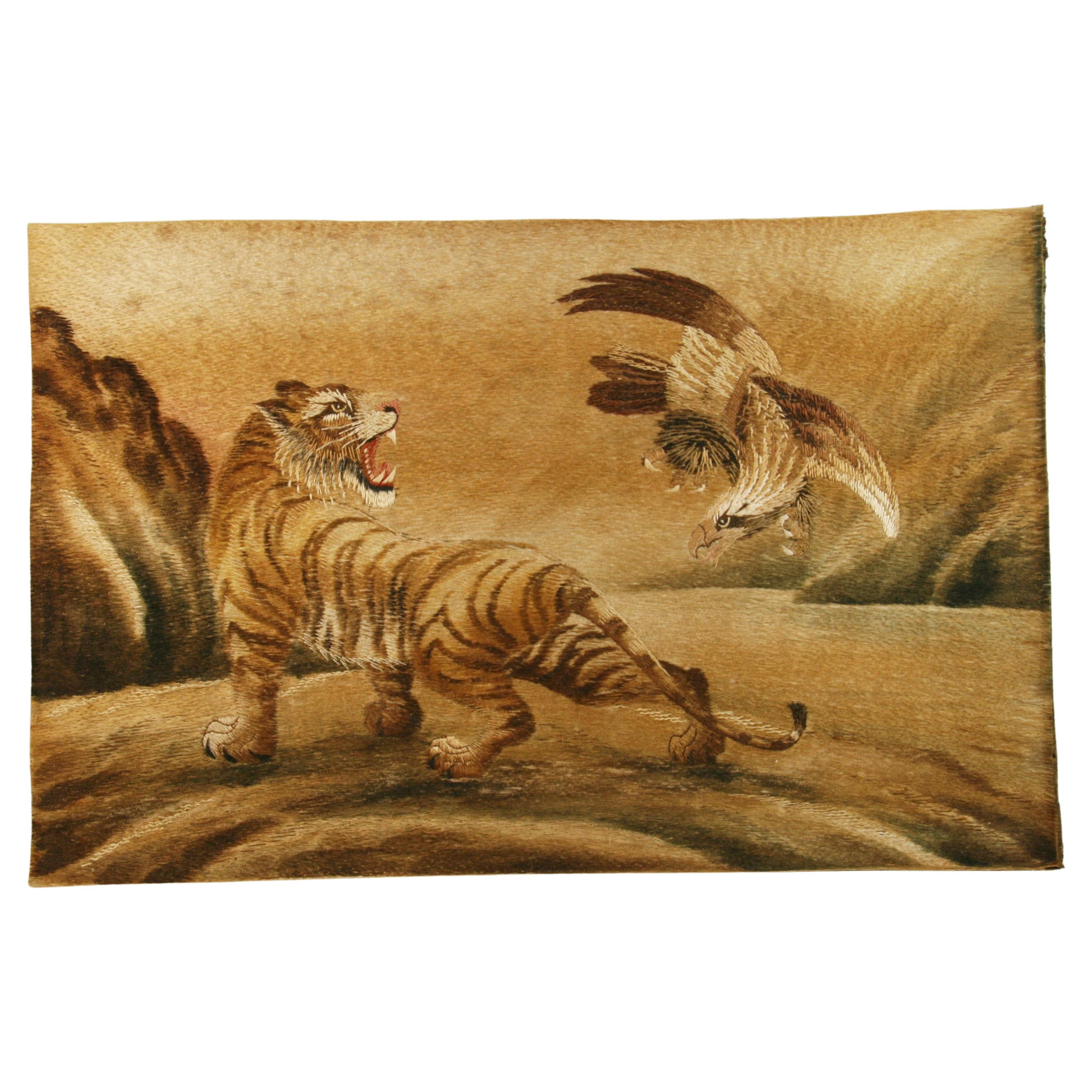 Japanese Silk Panel The Tiger and The Eagle 1920's
