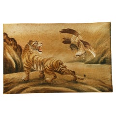 Antique Japanese Silk Panel The Tiger and The Eagle 1920's