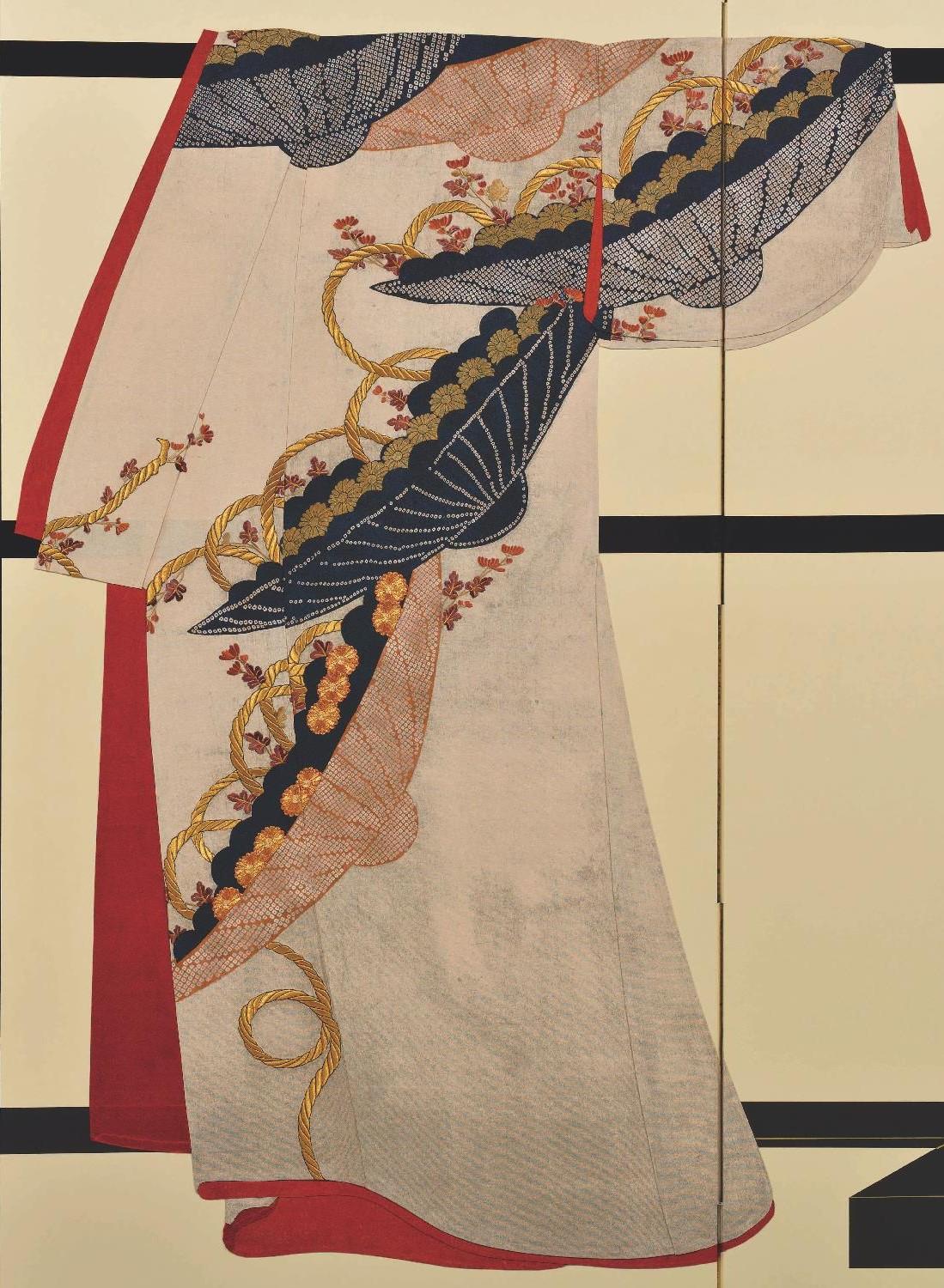 Meiji Paravento giapponese contemporaneo in seta rossa, nera e crema, a due pannelli, realizzato a mano in vendita