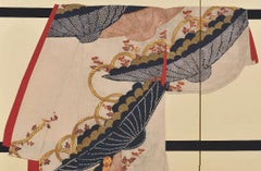 Japanese Contemporary Silk Red Black Cream Hand-Crafted Two Panel Folding Screen