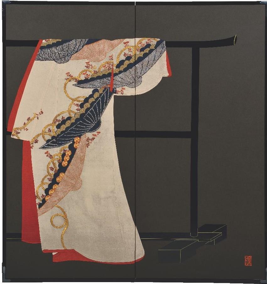 XXIe siècle et contemporain Paravent japonais contemporain en soie brodé à la main à deux panneaux en vente