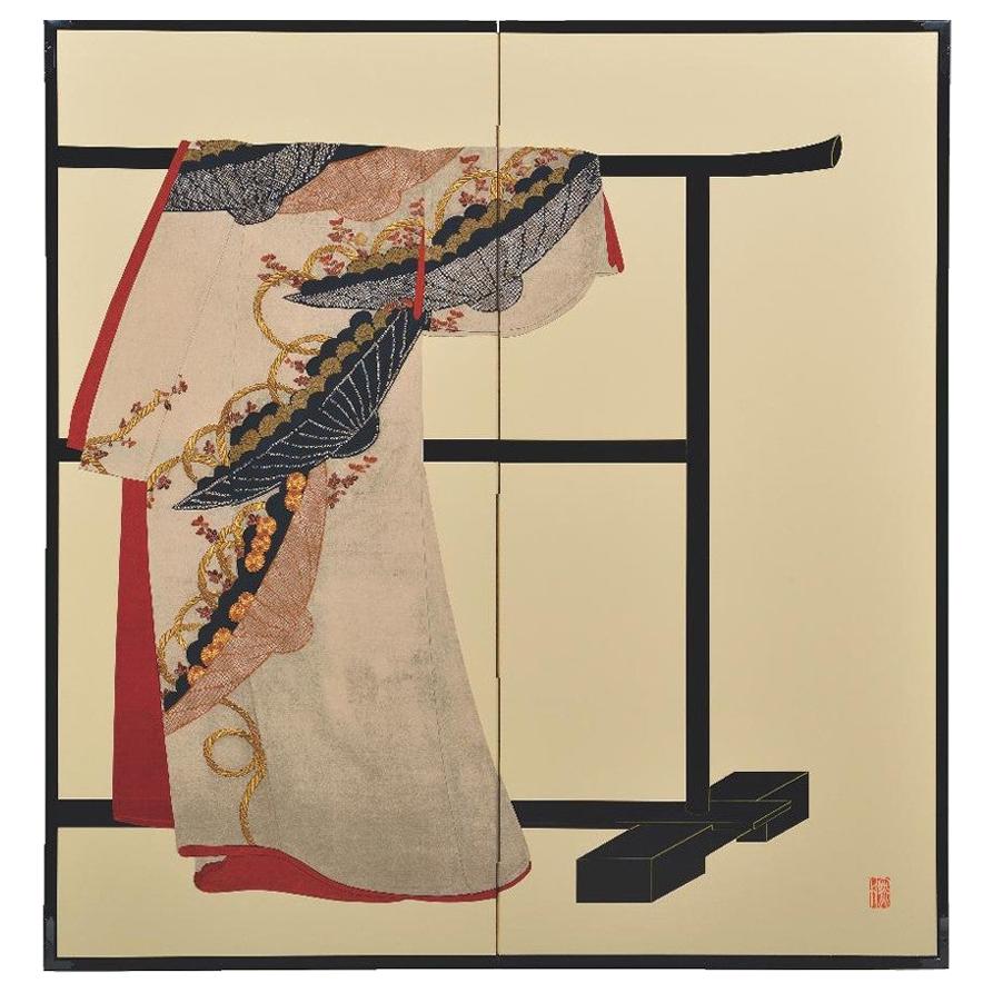 Paravent japonais contemporain en soie brodé à la main à deux panneaux en vente