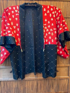 Japanese Silk Red Black Haori Jacket Dot Pattern 1960s Showa