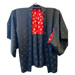 Japanese Silk Red Black Haori Jacket Dot Pattern 1960s Showa 