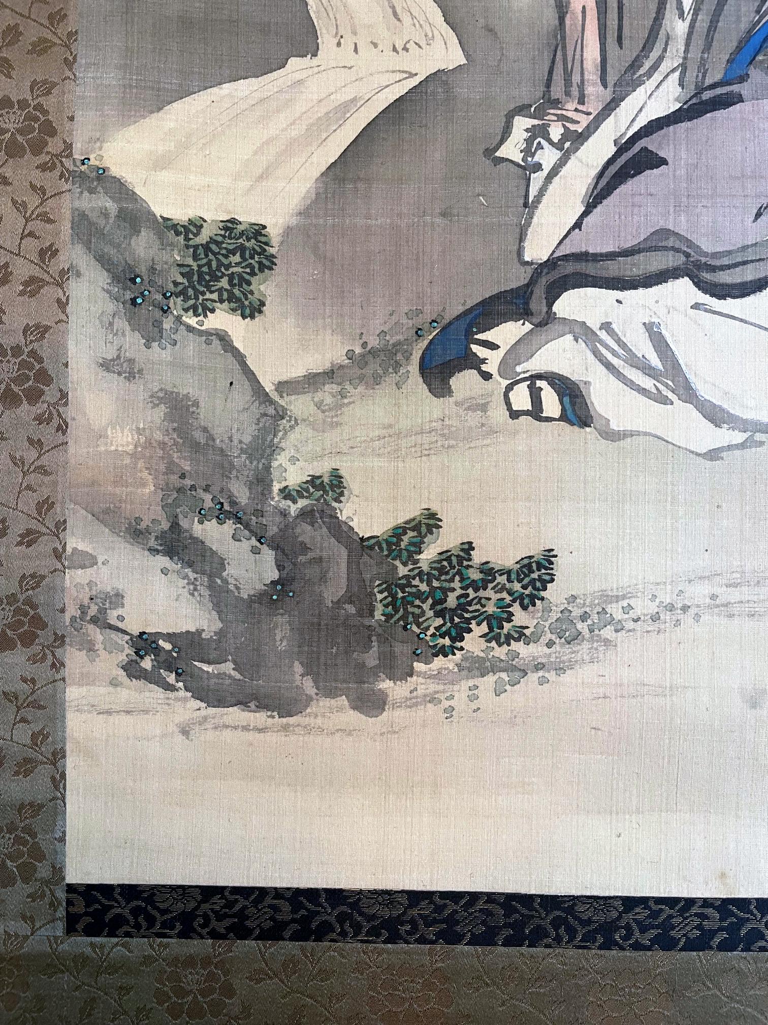 Japanese Silk Scroll by Haruki Nanmei Edo Period For Sale 1