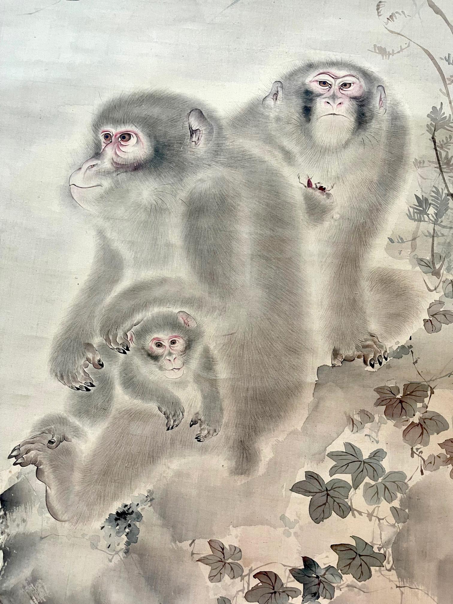 19th Century Japanese Silk Scroll Painting of Moneys Edo Period Mori Tetsuzan For Sale