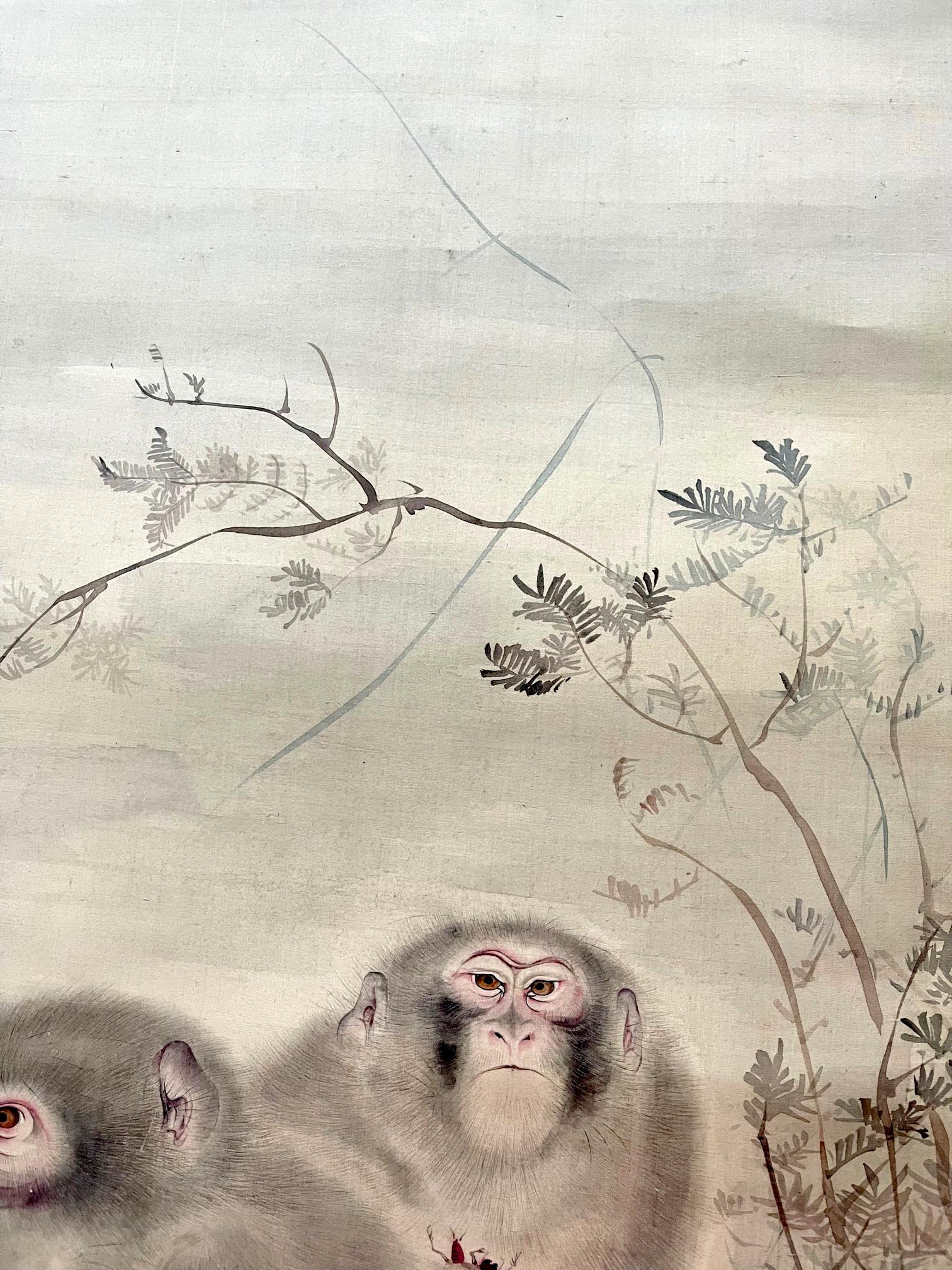 Japanese Silk Scroll Painting of Moneys Edo Period Mori Tetsuzan For Sale 1