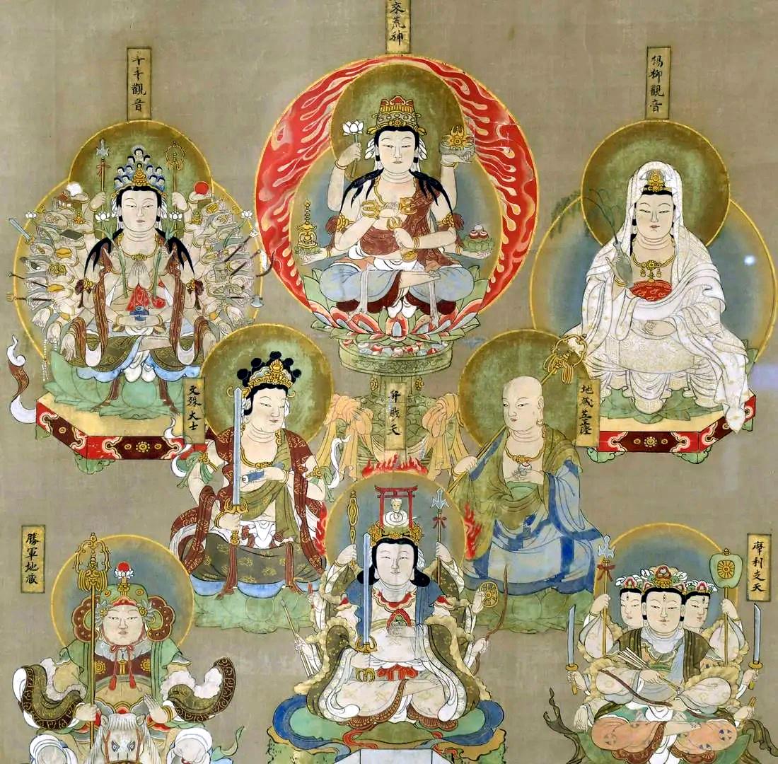 Edo Japanese Silk Suijaku Scroll Nyorai-Kojin with Mixed Buddhism and Shinto Deities For Sale