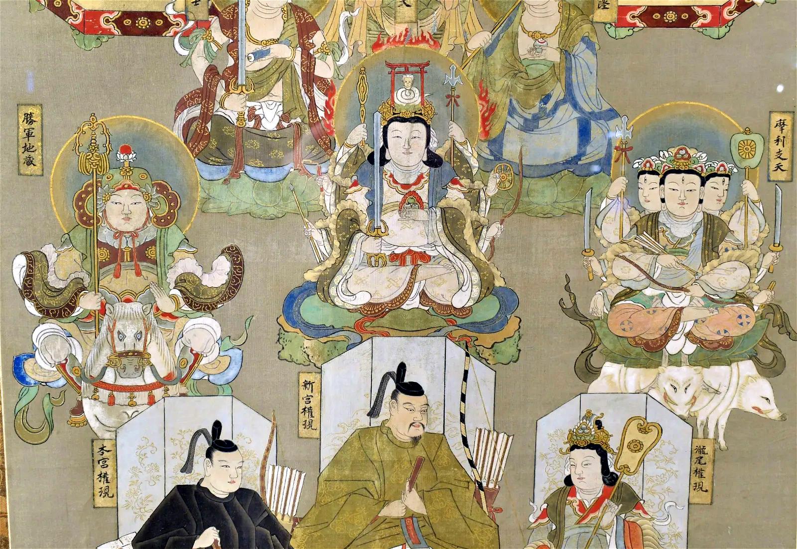 19th Century Japanese Silk Suijaku Scroll Nyorai-Kojin with Mixed Buddhism and Shinto Deities For Sale