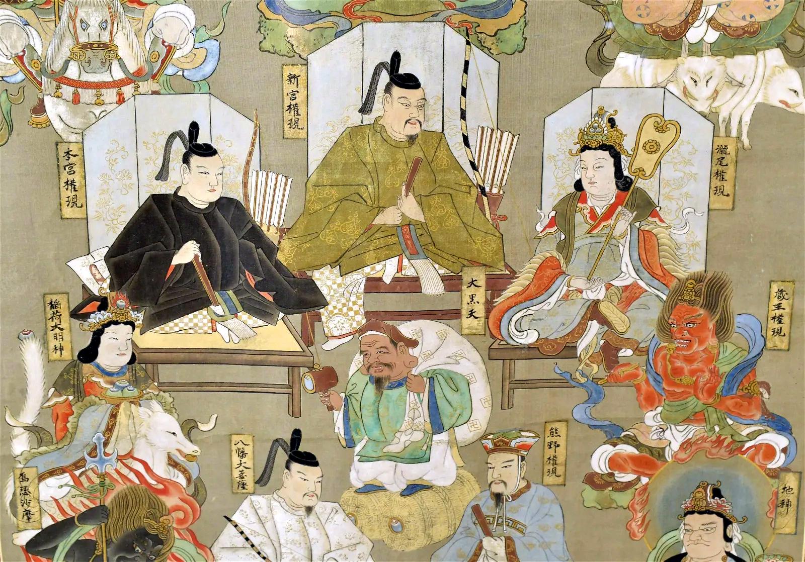 Soie Nyorai-Kojin en soie japonaise à volutes de Suijaku avec des divinités bouddhistes et Shinto mélangées en vente