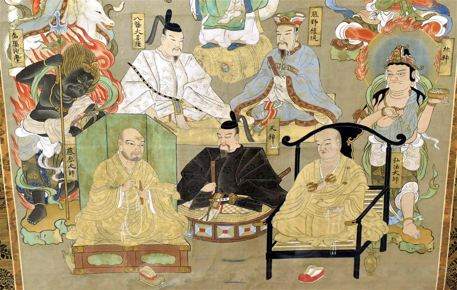 Nyorai-Kojin en soie japonaise à volutes de Suijaku avec des divinités bouddhistes et Shinto mélangées en vente 1