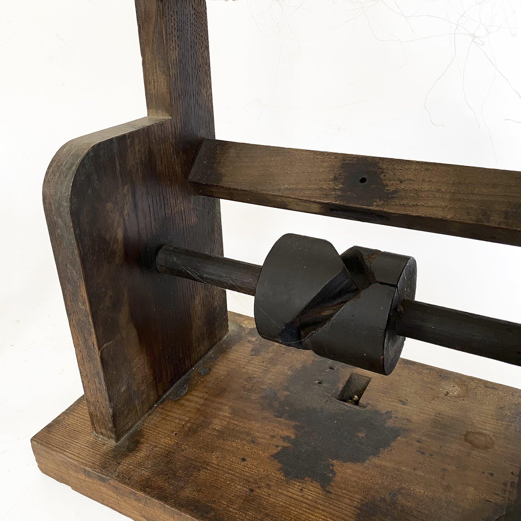 Japanese silk thread wood winder complete with spool and functioning gears. The spool still has the silk thread and an extra spool with different color thread comes with it. The three wooden gears work smoothly when cranked. Several kanji found in