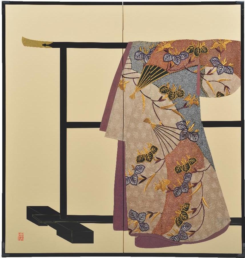 Paravent japonais contemporain en soie à deux panneaux:: fabriqué à la main:: brun noir Neuf - En vente à Takarazuka, JP