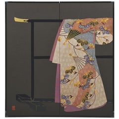 Japanese Contemporary Hand-Craft Silk Two-Panel Folding Screen Brown Black