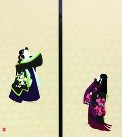 Japanese Silk Brocade Green Red Two Panel Folding Screen