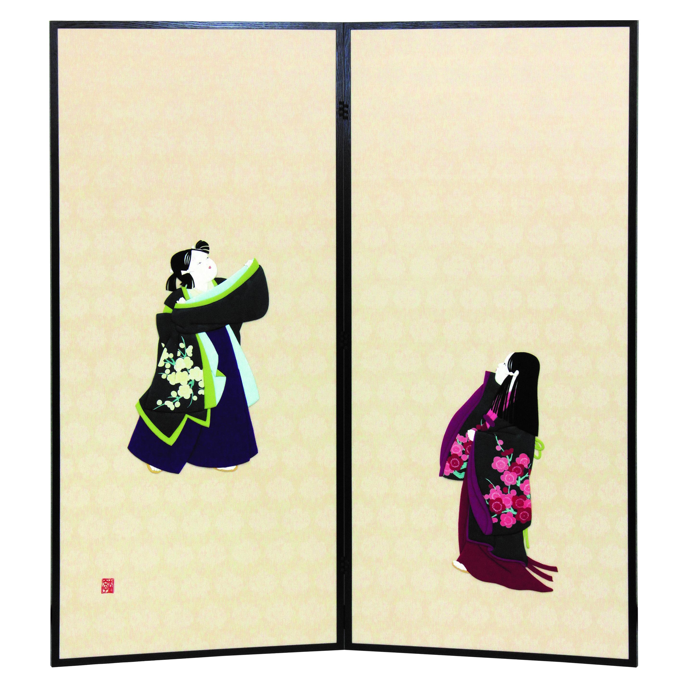 Paravent japonais à deux panneaux en brocart de soie vert et rouge en vente