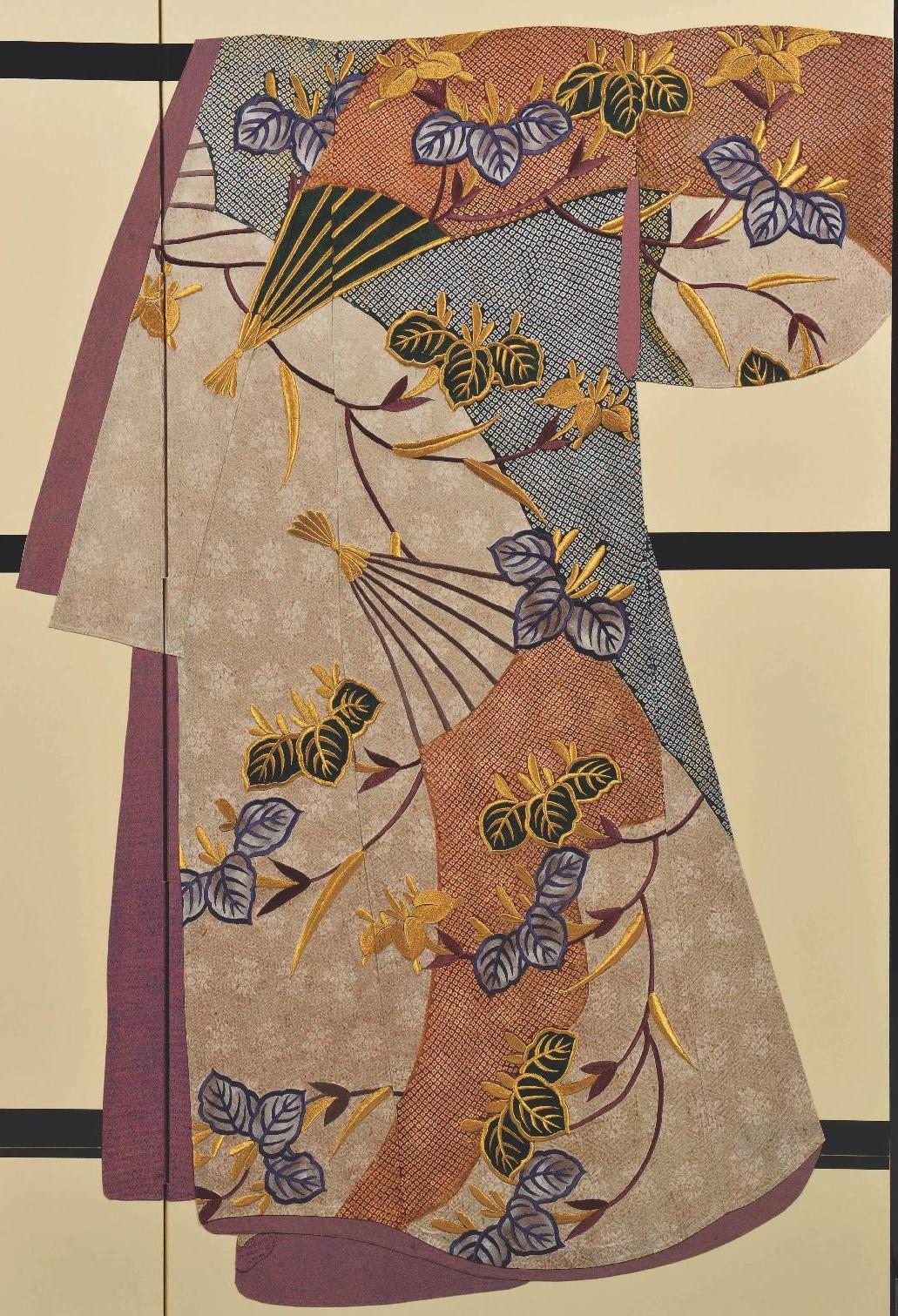Meiji Japanese Contemporary Orange Black Cream Silk Two-Panel Folding Screen, 4 For Sale