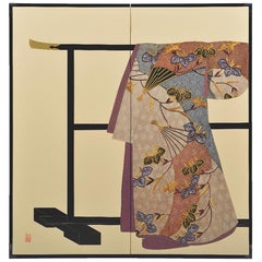 Japanese Contemporary Hand-CraftedSilk Two-Panel Folding Screen Orange Blue 
