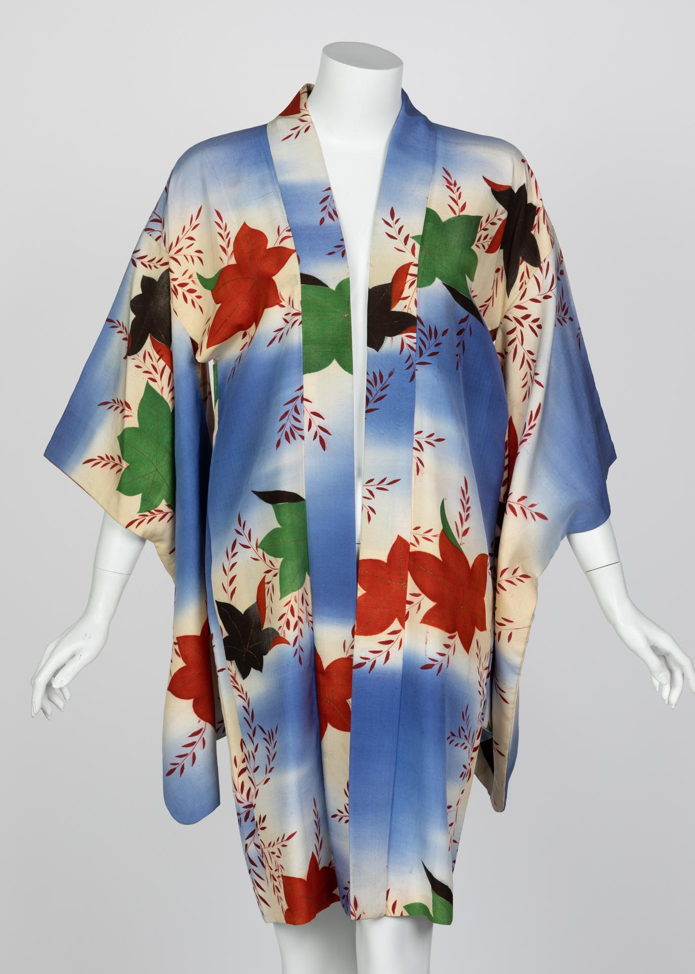 Japanese Silk Watercolor Falling Leaves Kimono Jacket Dress, 1970s For Sale 6