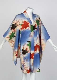 Japanese Silk Watercolor Falling Leaves Kimono Jacket Dress, 1970s