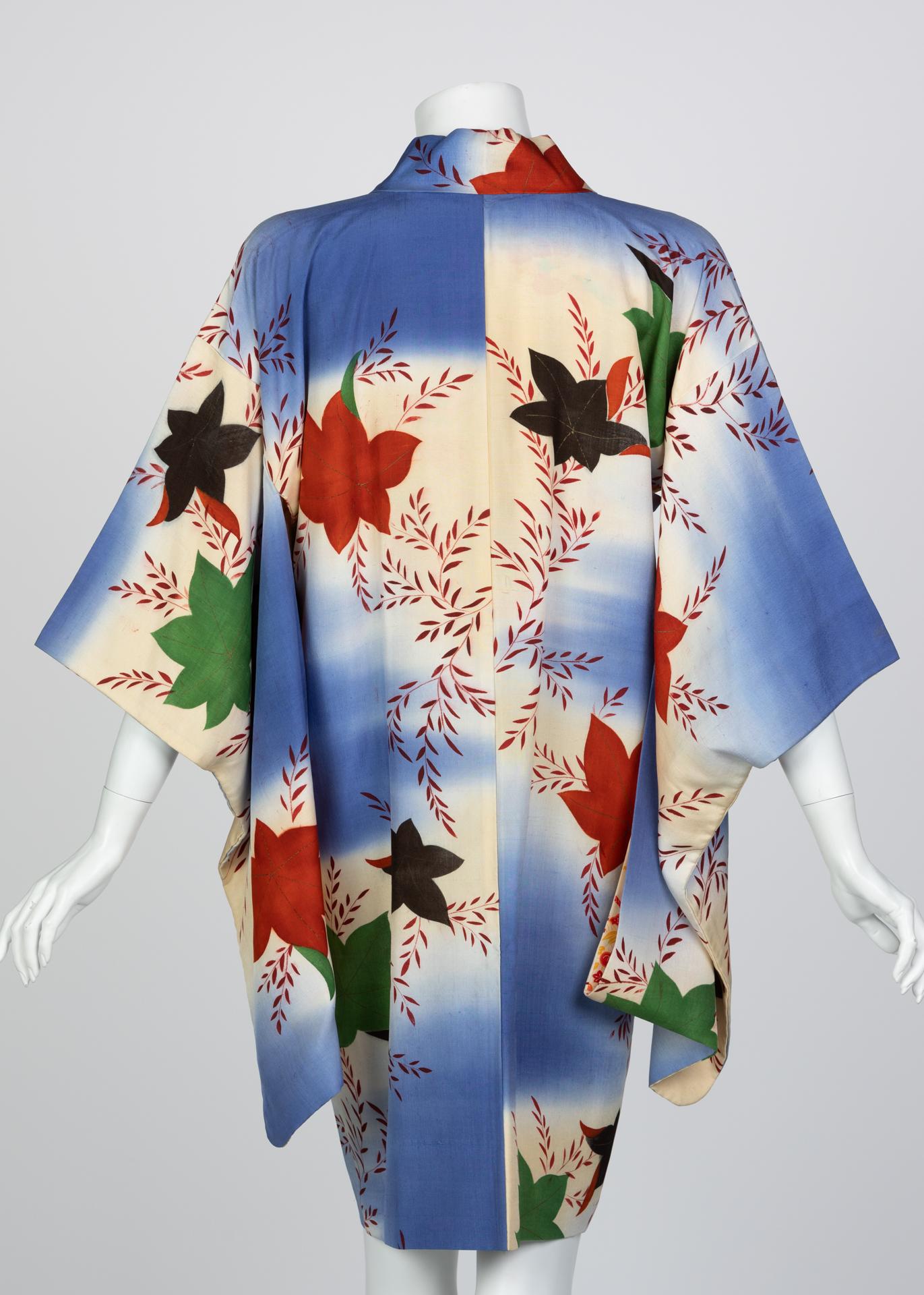 Gray Japanese Silk Watercolor Falling Leaves Kimono Jacket Dress, 1970s For Sale