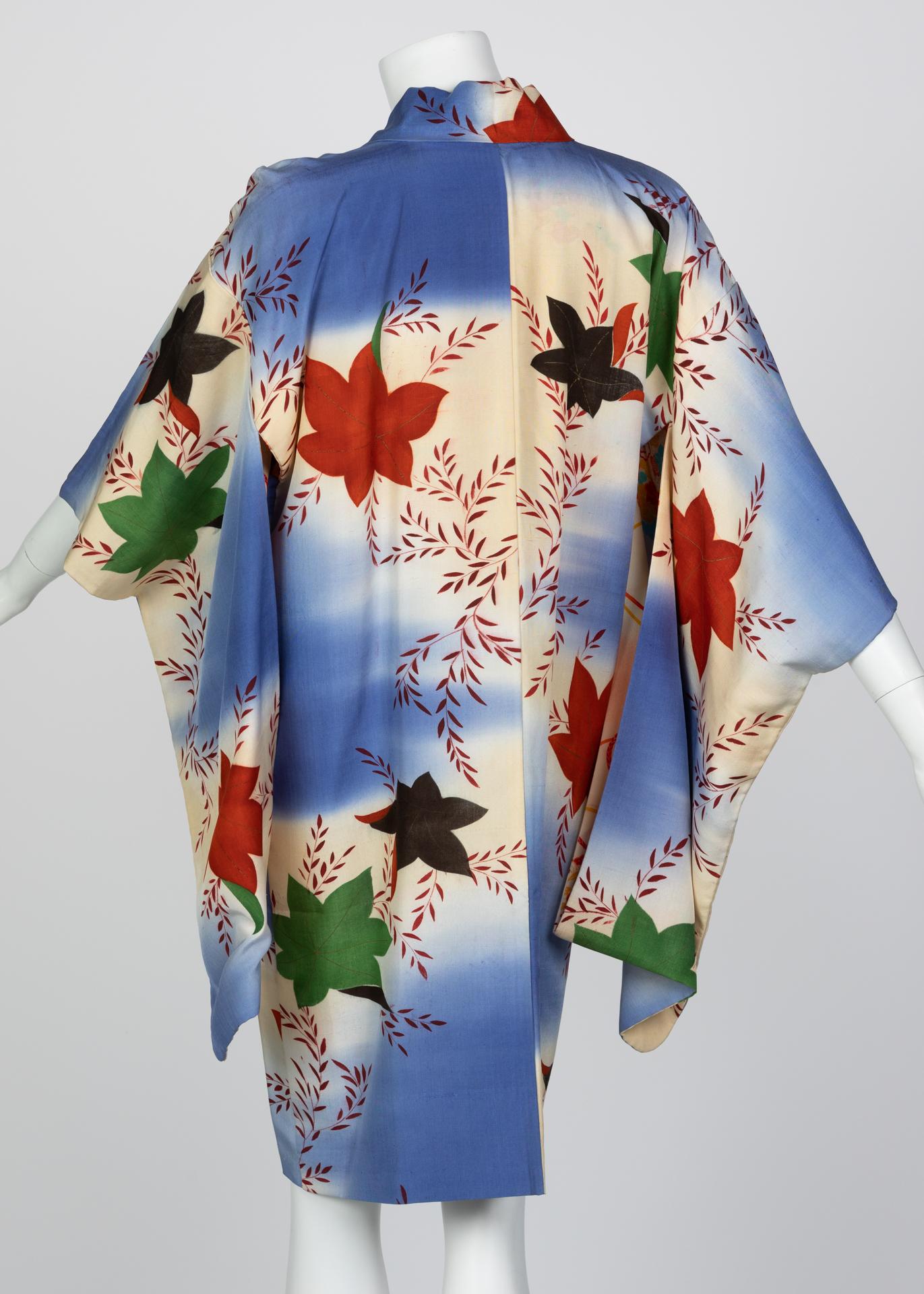 Japanese Silk Watercolor Falling Leaves Kimono Jacket Dress, 1970s In Excellent Condition For Sale In Boca Raton, FL