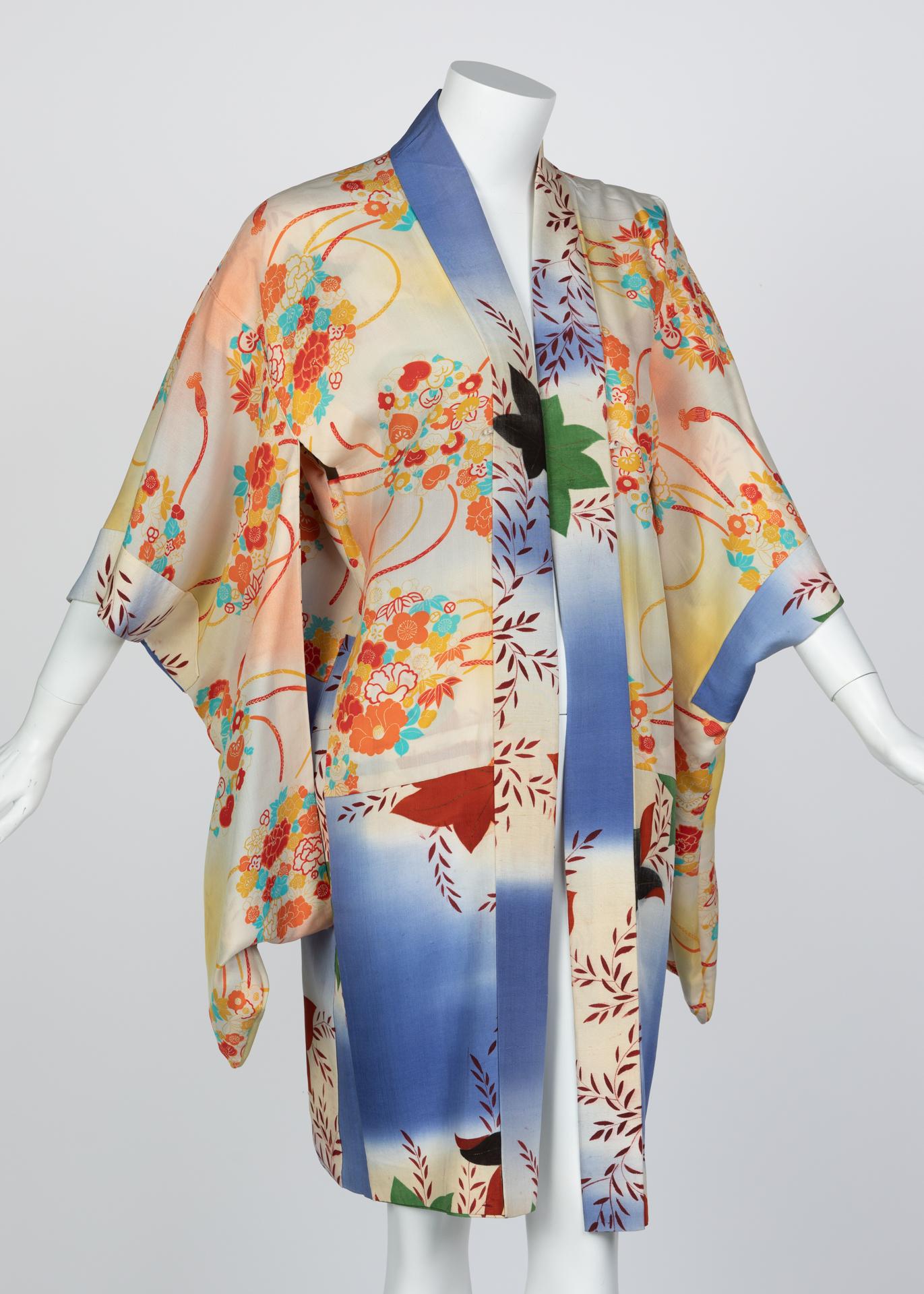 Women's Japanese Silk Watercolor Falling Leaves Kimono Jacket Dress, 1970s For Sale